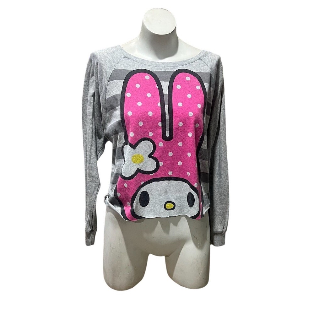 Sanrio My Melody Top Womens M Gray Striped Long Sleeve Graphic Scoop Neck